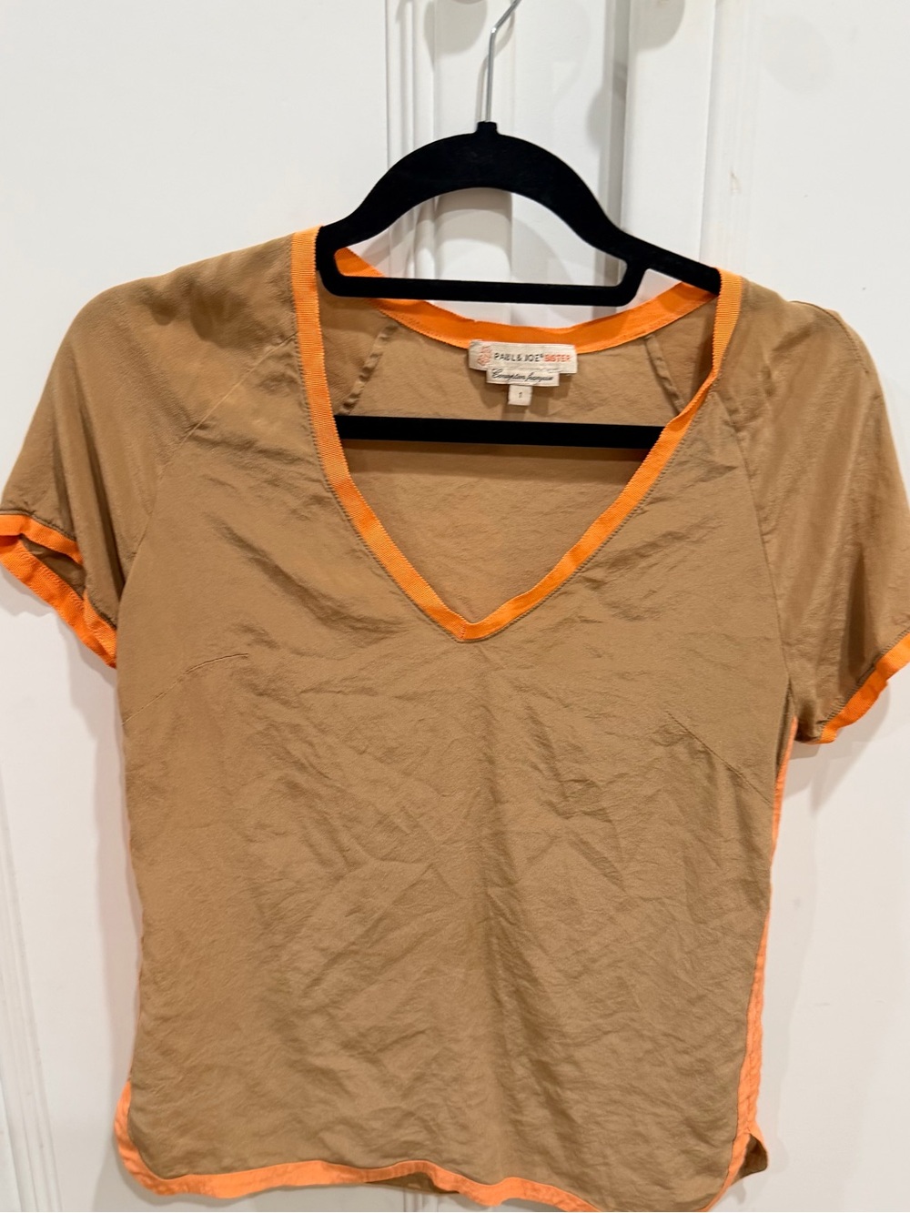 Paul & Joe Tan Short Sleeve V-Neck Tee with Orange Trim 100% silk